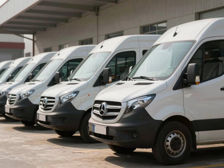 Frota de vans modernas de desentupimento estacionadas alinhadas em uma base operacional limpa sob a luz clara do dia