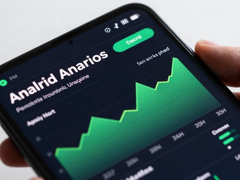 Extreme close-up of a modern Android flagship screen displaying a dark-themed financial dashboard with crisp typography and vibrant green charts, held by a hand in a bright studio environment