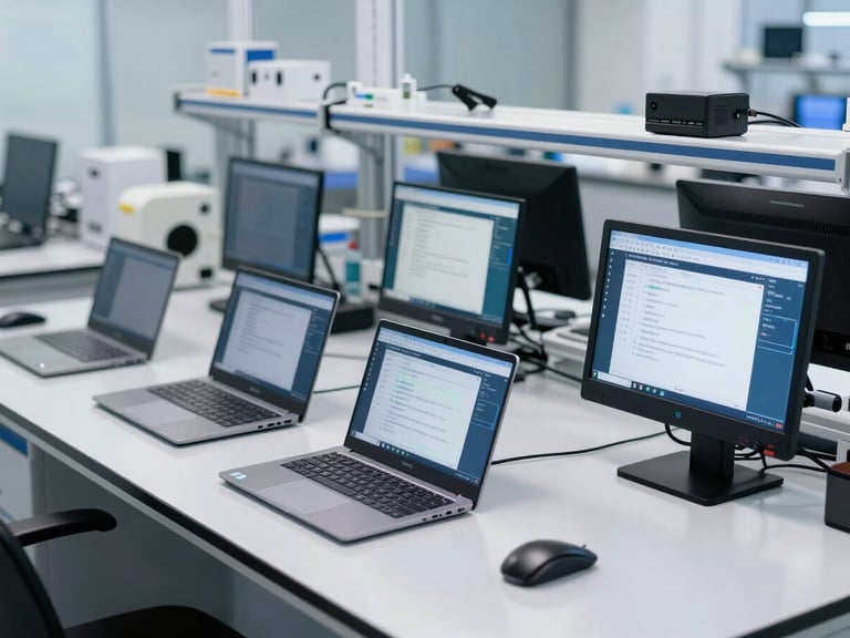 A clean, organized Android testing laboratory with multiple flagship and mid-tier devices mounted on testing racks, screens active showing automated interface tests under cool daylight