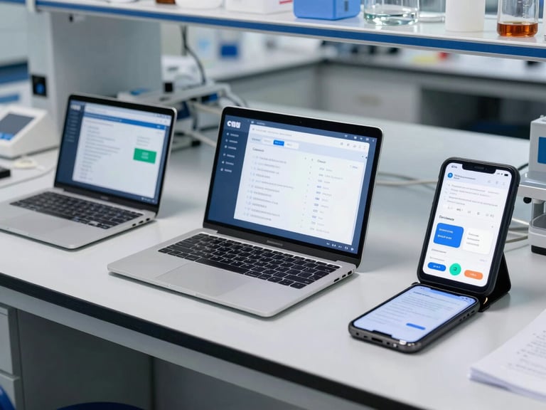 A clean laboratory testing bench with multiple Android devices of varying screen sizes and form factors displaying a unified, responsive application layout under daylight.