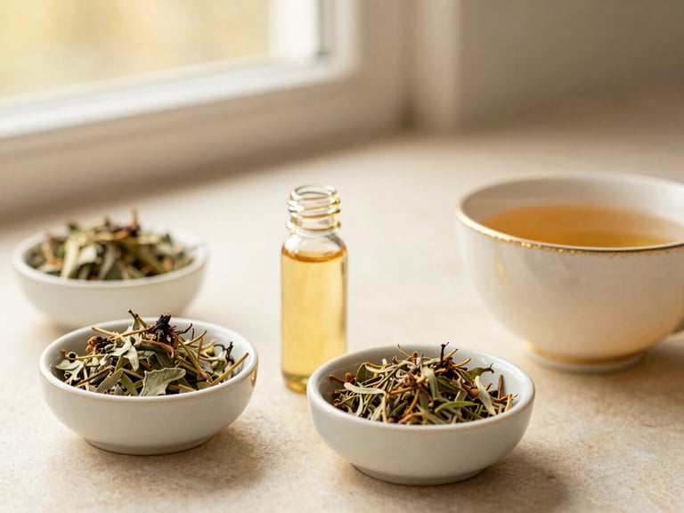Aromatic herbal oils in small ceramic bowls, next to a warm cup of herbal tea, with subtle golden details, soft golden-hour window light, natural sage and cream tones, shallow depth of field, 35mm.