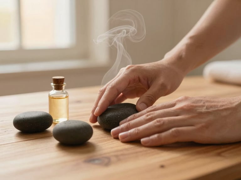 Close-up of hands performing a manual therapy, with smooth volcanic stones and steaming herbal oils on a natural wood surface, soft golden-hour window light, natural sage and cream tones, shallow depth of field, 35mm.