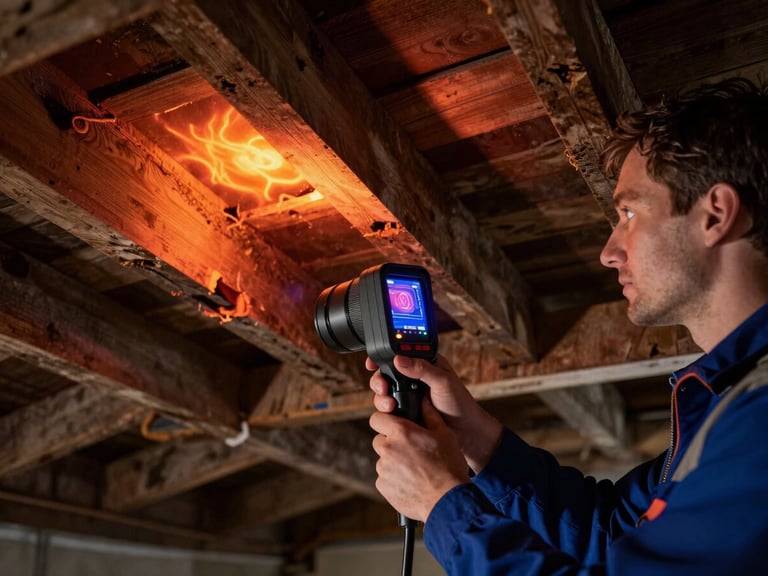 A technician using a thermal imaging camera inside a dark attic, highlighting heat signatures of structural gaps between rafters