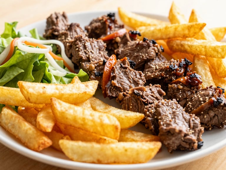 Generous kebab plate with crispy fries, fresh salad, and savory meat, bright warm lighting, macro food styling