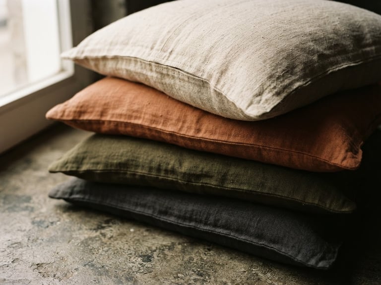 Close-up of heavy-weight linen pillow covers stacked on a concrete floor, soft morning window light, deep shadows, shallow depth of field.