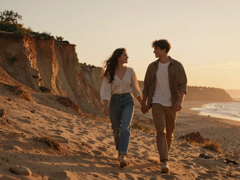 A young couple walking hand-in-hand along a windswept cliffside at sunset, warm golden light, authentic interaction, cinematic framing.