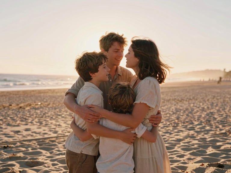 A family of four sharing a chaotic, joyful embrace on a sandy beach, sun-drenched backlighting, warm terracotta tones, 35mm film look.
