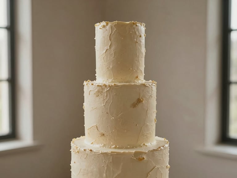Elegant editorial photography of a three-tiered minimalist wedding cake with textured sandy buttercream, standing alone against a neutral plaster wall, soft side-lit window daylight, warm organic tones, shallow depth of field