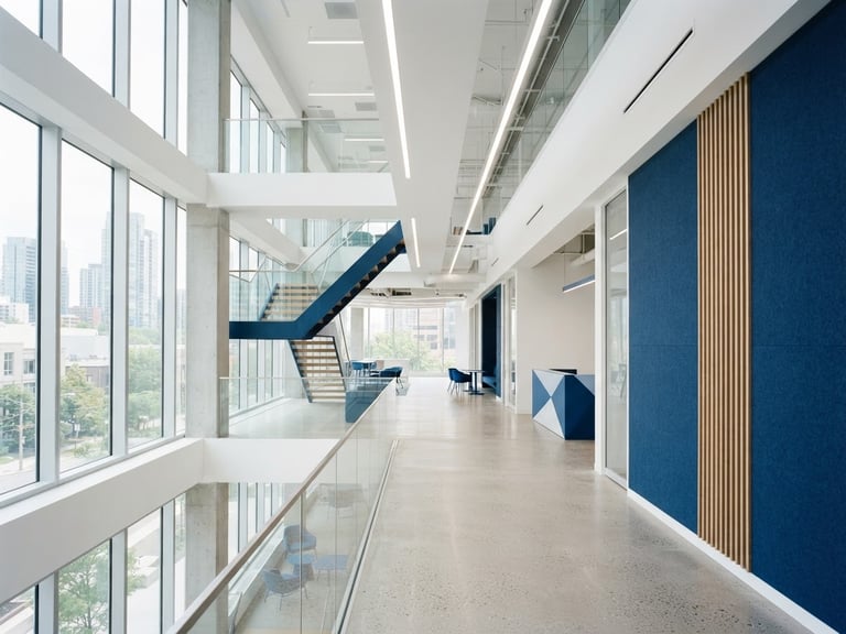A bright, high-key minimalist corporate office interior with clean lines, architectural focus, natural daylight, deep blue accents, 35mm