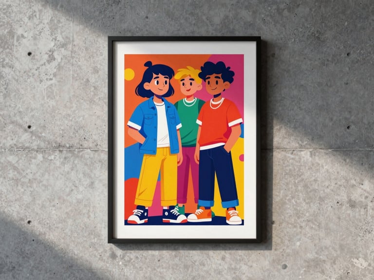 A vibrant cartoon art print poster framed on a concrete wall in a modern loft, high-contrast studio lighting, 35mm film style