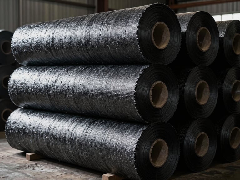 High-contrast industrial daylight shot of heavy-duty geotextile rolls stacked in a manufacturing warehouse, dramatic side-lighting emphasizing the dense fiber texture.