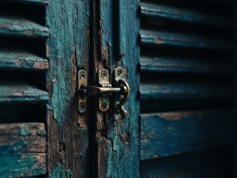 Extreme macro close-up of a miniature weathered wooden window shutter of a 1950s Saigon townhouse, delicate brass latch, soft natural window light casting deep shadows, 35mm photography