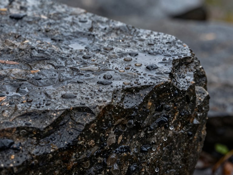 Textura de piedra húmeda y oscura con gotas de lluvia cayendo, primer plano macro, luz natural difusa de un día nublado.