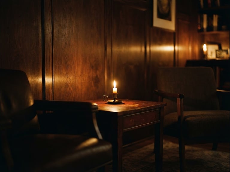 Low-key golden candlelight reflecting off warm dark wood panels in a quiet empty therapy room, shallow depth of field, warm editorial photography, 35mm