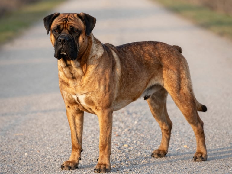 Close-up of a Boerboel showing powerful, balanced forequarters and correct angulation, standing on a clean gravel path, soft golden hour lighting emphasizing muscle definition.