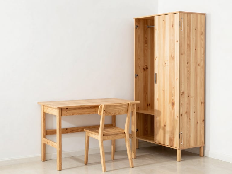 A cozy, clean student room with a simple wooden desk, chair, and a compact pre-loved wardrobe, bright natural daylight.