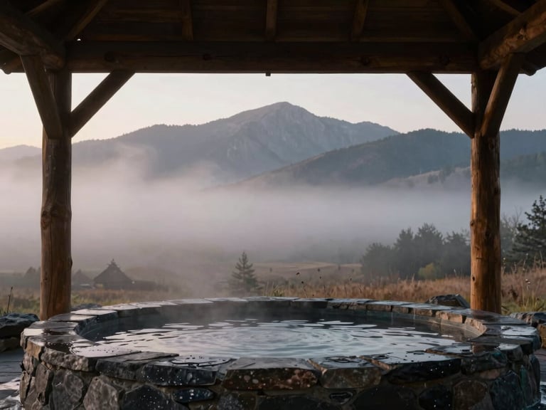 Soft morning mist over a dark stone soaking pool, raw timber pavilion framing the Wasatch mountains at blue hour, atmospheric editorial photography, 35mm