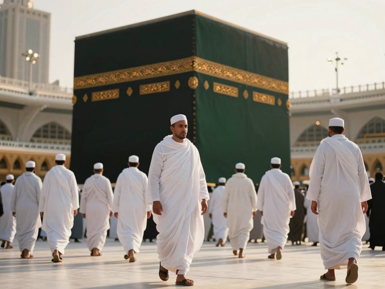 Serene pilgrims in white Ihram walking near the holy Kaaba in Mecca, soft golden-hour light, cinematic atmosphere
