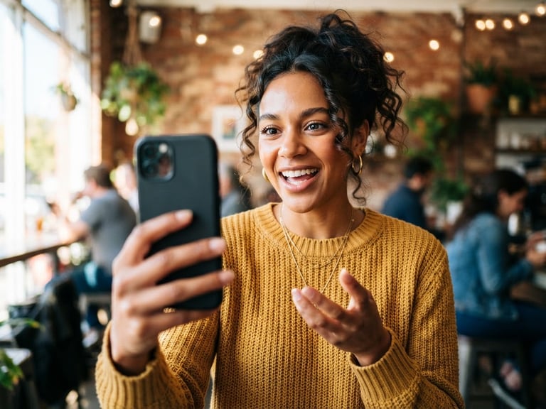 High-energy creator looking directly into a phone camera, candid, high-contrast natural light with ring-light reflection, dynamic vertical composition, 35mm.