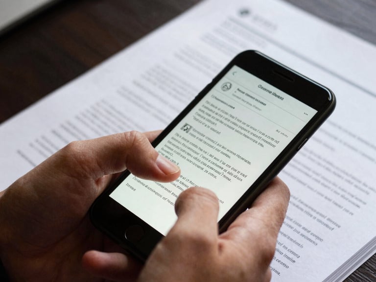 Close-up of a hand holding a smartphone, scrolling through a digital brief document, high-contrast natural light, vibrant editorial photography, tight crop.