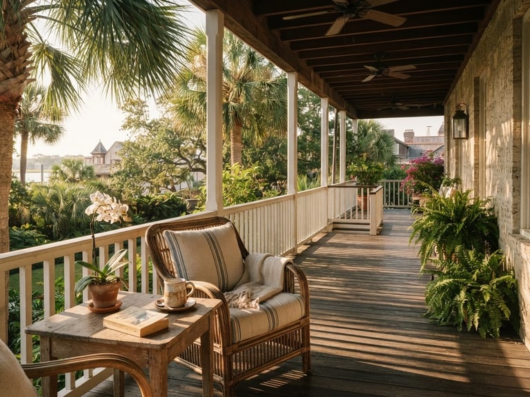 Warm editorial photography of a historic St. Augustine veranda at golden hour, soft morning light filtering through palm leaves, crisp shadows, 35mm