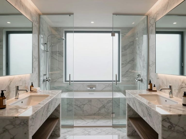 Symmetrical, wide-angle architectural shot of a minimalist luxury bathroom, polished marble vanity, streak-free glass shower screen, bright natural daylight diffusing through a frosted window.