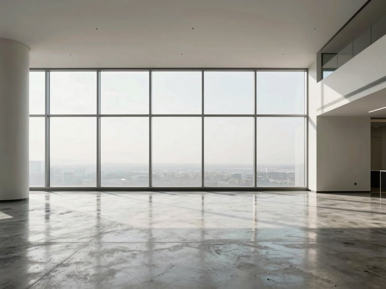 Symmetrical architectural view of a pristine, minimalist office lobby post-cleaning, polished concrete floor reflecting soft diffused daylight from floor-to-ceiling windows.