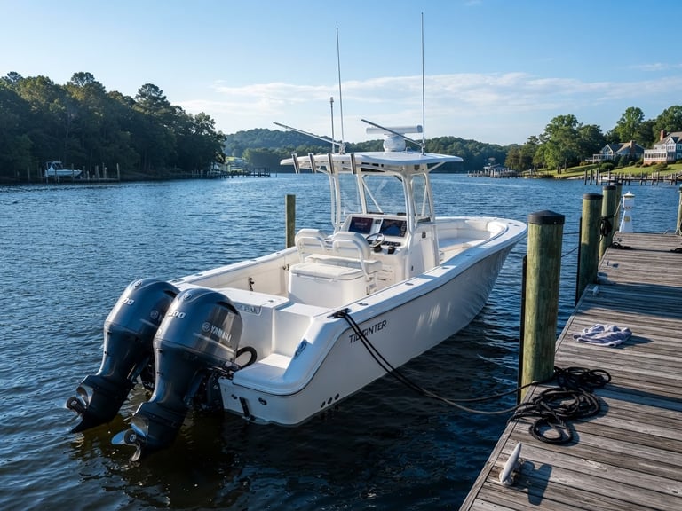 Low-angle hero shot of a pristine white center console boat moored at a private dock in Virginia, morning sunlight reflecting off the polished hull, deep blue water, sharp focus.