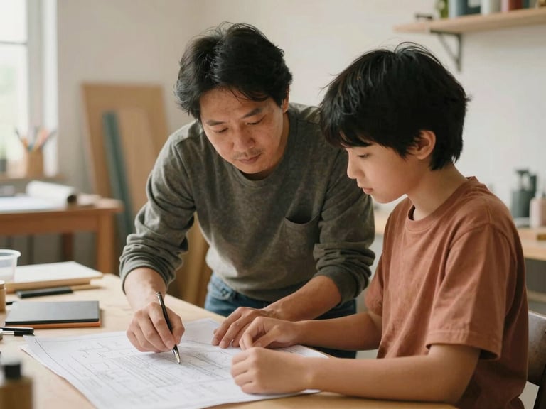 Candid medium shot of a mentor and student analyzing a blueprint together in a sunlit community workshop, warm organic tones, 35mm film look.