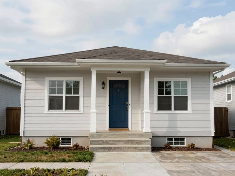 Straight-on wide shot of a residential front entry — painted door, covered porch, concrete steps, clean facade, photographed in bright overcast daylight, property occupying right two-thirds of frame, generous open sky above, no people or staging visible