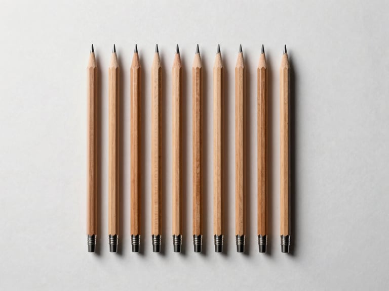 Overhead minimalist desk shot, several technical pencils arranged in a perfect geometric grid on a blueprint drawing, warm cedar tones, sharp studio lighting, high contrast.