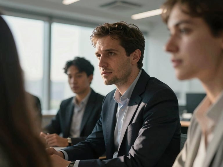 A close-up shot of an executive in deep focus during a collaborative workshop, natural side-lighting creating a dramatic chiaroscuro effect, modern architectural office setting.