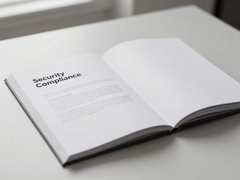 Elegant mockup of a security compliance document, open on a clean desk, soft diffused natural daylight, monochrome palette, 50mm lens, focus on paper texture and crisp typography