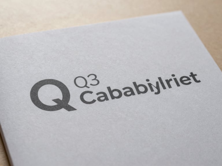 Close-up of a Q3 capability brief cover page, professional design on textured paper, soft natural light, minimalist setting.