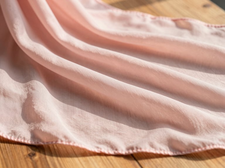 Close-up of soft pastel pink chiffon georgette fabric draping over a wooden table, warm morning daylight, shallow depth of field