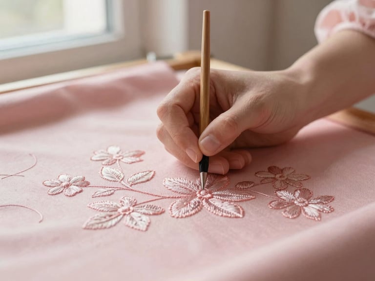 Close-up of artisan hands sketching delicate floral embroidery patterns onto soft rose gold fabric, warm window light