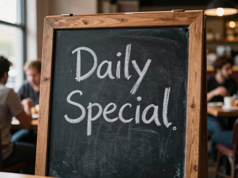 A rustic chalkboard sign with 'Daily Special' written in chalk, surrounded by a subtle blur of a lively restaurant atmosphere, warm lighting, natural window light, rich saturated colors, 35mm