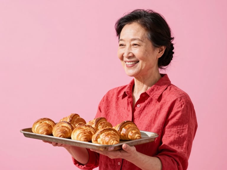 A proud, smiling East Asian woman in her late fifties dressed in a bright red linen shirt, holding a tray of golden, freshly baked croissants, bright morning light, high contrast, vivid pink background.