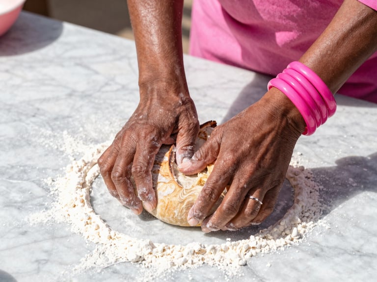 Hands of an older Black woman wearing vibrant pink bangles kneading sourdough on a flour-dusted marble tabletop, dynamic action shot, bright daylight, high contrast.