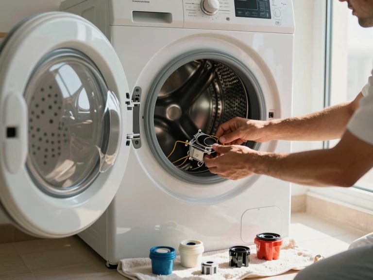 Wide shot of a technician's hands replacing a component inside an open washing machine drum in a bright Dubai laundry room, warm natural daylight from a side window, spare parts arranged on a towel on the floor beside the appliance