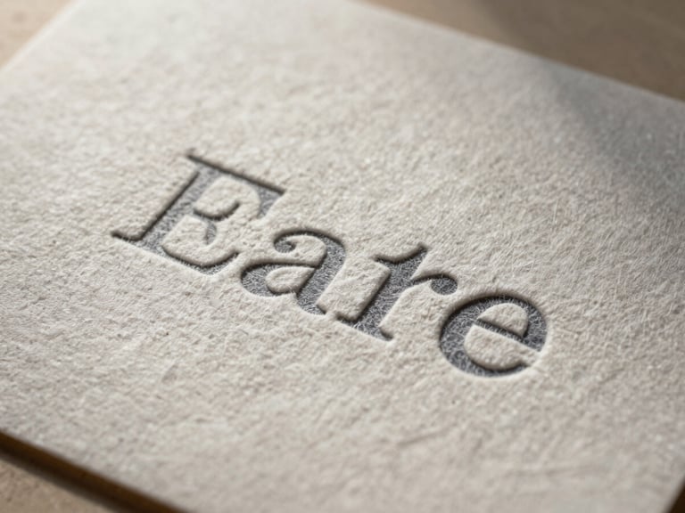 Macro close-up of heavy embossed cotton paper stock with a deep letterpress brand identity, casting structural shadows under low-angle natural light.