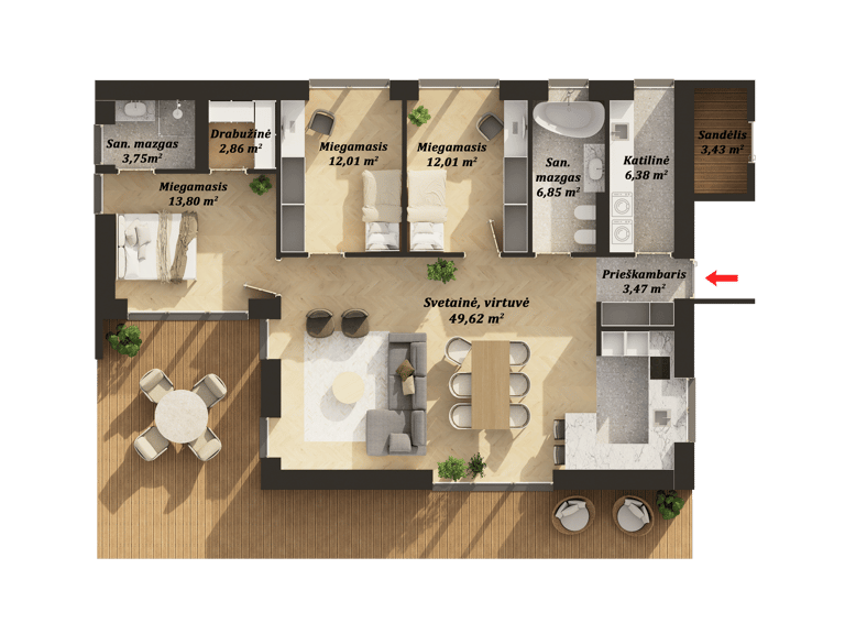 115 kv.m namo vidaus išplanavimas 2D