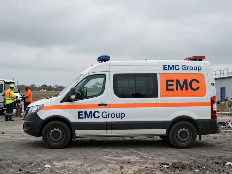 Industrial field photography, overcast daylight, desaturated cool tones with safety orange accents, crisp details, 35mm lens. A specialized compliance vehicle with EMC Group branding parked at a remediation site, field engineers in high-visibility gear working in the background.