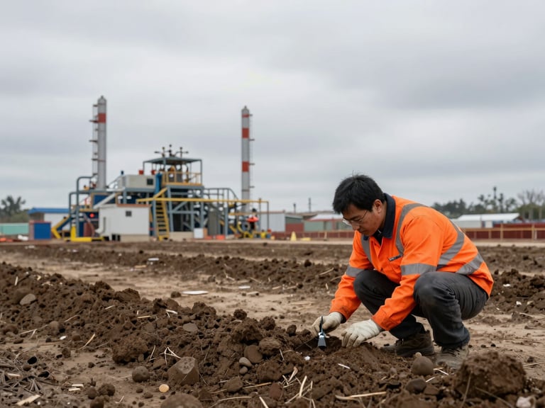 Industrial field photography, overcast daylight, desaturated cool tones with safety orange accents, crisp details, 35mm lens. An environmental engineer in high-visibility gear taking soil samples at a commercial development site, specialized equipment visible, low horizon.
