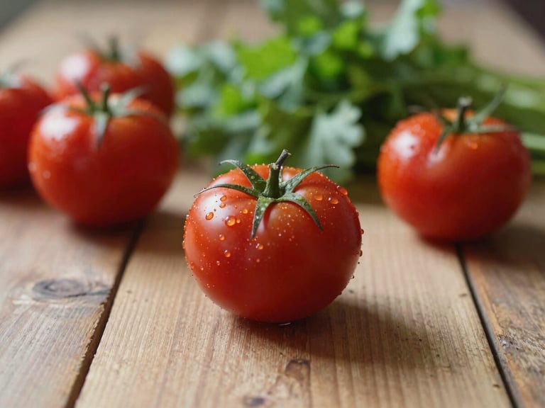 Macro shot of fresh, seasonal produce on a rustic wooden table, soft natural light, shallow depth of field.