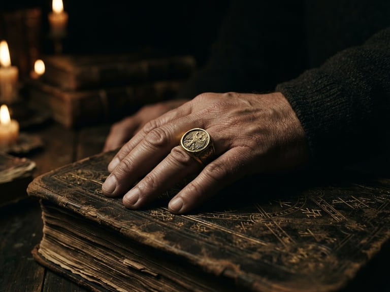 Macro shot of a hand wearing a heavy gold signet ring resting on an ancient grimoire with gold-embossed symbols, low-key dramatic chiaroscuro lighting, deep shadows, flickering warm candlelight, cinematic 35mm lens