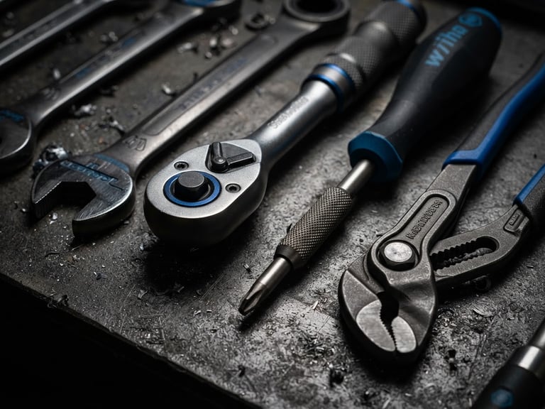 Industrial photography of premium German hand tools arranged on a dark graphite surface, dramatic high-contrast studio lighting, electric blue accents, sharp macro details, 50mm