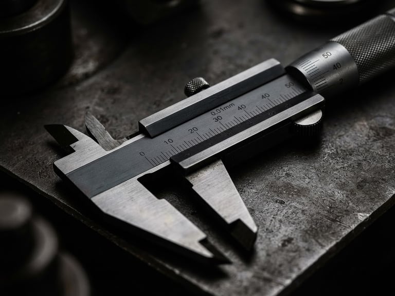 Macro industrial product photography of a premium German micrometric caliper, dramatic high-contrast studio lighting, dark metallic tones, sharp details, 50mm