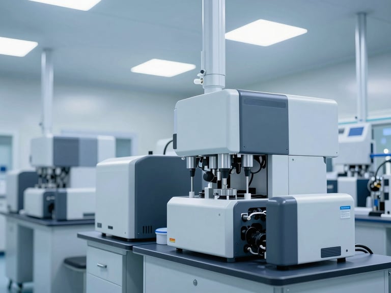 Clean room facility in an Indian pharmaceutical manufacturing plant, focus on advanced machinery, bright clinical lighting, cool blue tones, 35mm