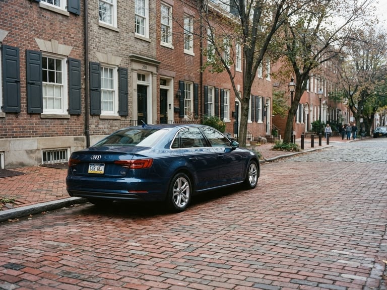 A clean modern sedan parked along a historic Philadelphia brick street under bright natural overcast daylight, 35mm photography